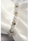 Pirinç Gümüş Renk Zirkon Taşlı Gold Kalpli VIP Seri Kadın Bileklik