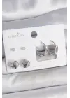 Pirinç Gümüş Renk Zirkon Taşlı Halka Model 3 Çift Kadın Küpe Seti