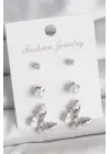 Pirinç Gümüş Renk Zirkon Taşlı İnci Detaylı Kelebek Model 3 Çift Kadın Küpe Seti