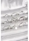 Pirinç Gümüş Renk Zirkon Taşlı Kalp Figür Yıldız Detay Kadın Yüzük Kombini