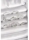 Pirinç Gümüş Renk Zirkon Taşlı Kelebek Figür Çiçek Yıldız Detay Kadın Yüzük Kombini