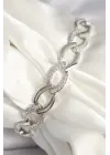 Pirinç Gümüş Renk Zirkon Taşlı Oval Zincir Model Kadın Bileklik