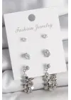 Pirinç Gümüş Renk Zirkon Taşlı Pullu Sallantılı Model 3 Çift Kadın Küpe Seti