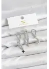 Çelik Gümüş Renk Zirkon Taşlı Uzay Model YSX Trio Küpe Seti