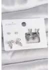 Pirinç Gümüş Renk Zirkon Taşlı Yıldız Model Fiyonk Detay 3 Çift Kadın Küpe Seti