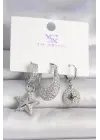 Pirinç Gümüş Renk Zirkon Taşlı Yıldız Model Kutup Yıldız İşleme Detay 3Lü Kadın Kombin Küpe