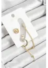 Pirinç Halka Figürlü Zirkon Taşlı Gold Renk 3lü Kıkırdak Kadın Küpe Set