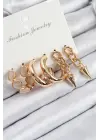 Pirinç Halka Ve Zincir Model Gold Renk Kadın Set Küpe