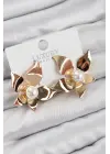 Pirinç İnci Detaylı Çiçek Model Gold Renk Kadın Küpe
