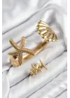 Pirinç İstiridye Ve Deniz Yıldızı Model Gold Renk Bileklik Yüzük Set