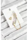 Pirinç Kalp Figürlü Zirkon Taşlı Gold Renk 3lü Kıkırdak Kadın Küpe Set