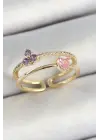 Pirinç Kalp Ve Çiçek Figürlü Zirkon Taşlı Gold Renk Ayarlanabilir Kadın Yüzük