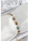 Pirinç Karışık Renk Kare Zirkon Taşlı Gold Renk Kadın Bileklik