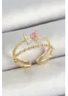 Pirinç Kelebek Figürlü Zirkon Taşlı Gold Renk Ayarlanabilir Kadın Yüzük