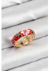 Pirinç Kırmızı Mineli Çiçek Motifli Gold Renk Ayarlanabilir Kadın Yüzük