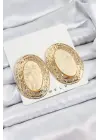 Pirinç Mermer Desenlli Bej Sedef Oval Vintage Model Gold Renk Kadın Küpe