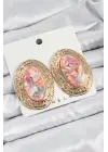 Pirinç Mermer Desenlli Pembe Sedef Oval Vintage Model Gold Renk Kadın Küpe