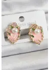Pirinç Pembe Mineli İnci Detaylı Sanatsal Portre Model Gold Renk Kadın Küpe
