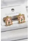 Pirinç Pembe Mineli Sanatsal Portre Model Gold Renk Kadın Küpe