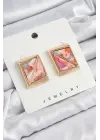 Pirinç Pembe Üçgen Kesim Detaylı Kare Model Vintage Gold Renk Kadın Küpe