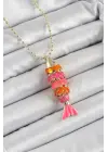 Pirinç Pembe Ve Turuncu Balık Model Zirkon Taşlı Gold Renk Kadın Kolye