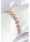 Pirinç Pembe Zirkon Taşlı Daire Baget Model Gold Renk VIP Seri Kadın Bileklik