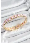 Pirinç Pembe Zirkon Taşlı Kare Model Gold Renk Lastikli Kadın Bileklik