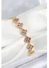 Pirinç Pembe Zirkon Taşlı Yonca Model Gold Renk VIP Seri Kadın Bileklik