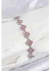 Pirinç Pembe Zirkon Taşlı Yonca Model Gümüş Renk VIP Seri Kadın Bileklik