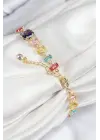 Pirinç Renkli Zirkon Taşlı Sıralı Dikdörtgen Model Gold Renk Kadın Bileklik