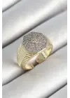 Pirinç Sekizgen Figür Zirkon Taşlı Gold Renk Ayarlanabilir Kadın Yüzük