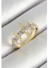 Pirinç Sıralı Çit Figürlü Zirkon Taşlı Gold Renk Ayarlanabilir Kadın Yüzük