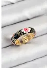Pirinç Siyah Mineli Çiçek Motifli Gold Renk Ayarlanabilir Kadın Yüzük