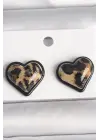 Pirinç Siyah Renk Leopar Desen 3D Kalp Model Kadın Küpe