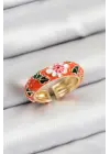 Pirinç Turuncu Mineli Çiçek Motifli Gold Renk Ayarlanabilir Kadın Yüzük