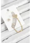 Pirinç Üçgen Figürlü Zirkon Taşlı Gold Renk 3lü Kıkırdak Kadın Küpe Set