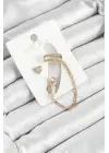 Pirinç Üçgen Figürlü Zirkon Taşlı Gold Renk 3lü Kıkırdak Kadın Küpe Set