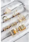 Pirinç Üçgen Model Gold Renk Kadın Yüzük Kombin Set