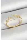 Pirinç Yaprak Figürlü Zirkon Taşlı Gold Renk Ayarlanabilir Kadın Yüzük