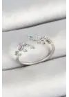 Pirinç Yaprak Figürlü Zirkon Taşlı Gümüş Renk Ayarlanabilir Kadın Yüzük