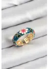 Pirinç Yeşil Mineli Çiçek Motifli Gold Renk Ayarlanabilir Kadın Yüzük