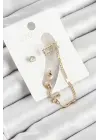 Pirinç Yılan Figürlü Zirkon Taşlı Gold Renk 3lü Kıkırdak Kadın Küpe Set