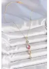 Pirinç Zincir Gold Renk Pembe Zirkon Taşlı Y Kolye