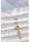 Pirinç Zincir Kehribar Sarı Gold Renk  Zirkon Taşlı Y Kolye
