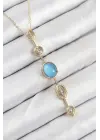Pirinç Zincir Mavi Gold Renk Zirkon Taşlı Y Kolye