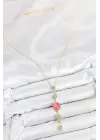 Pirinç Zincir Pembe Gold Renk Zirkon Taşlı Y Kolye