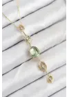 Pirinç Zincir Yeşil Gold Renk Zirkon Taşlı Y Kolye