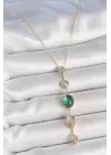 Pirinç Zincir Zümrüt Yeşil Gold Renk Zirkon Taşlı Y Kolye