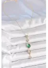 Pirinç Zincir Zümrüt Yeşil Gold Renk Zirkon Taşlı Y Kolye