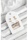 Pirinç Zirkon Taş Ve Halka Figürlü Gold Renk 3lü Çift Kadın Küpe Set